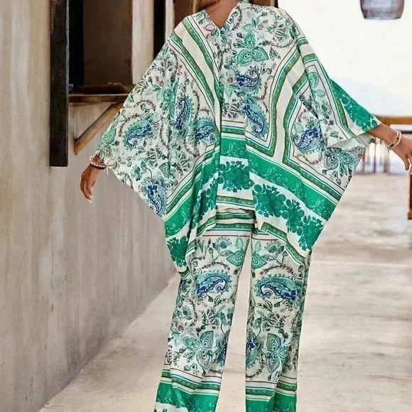 Green Boho Womens Paisley Print Blouse & Wide Leg Pants - Picture 3 of 5